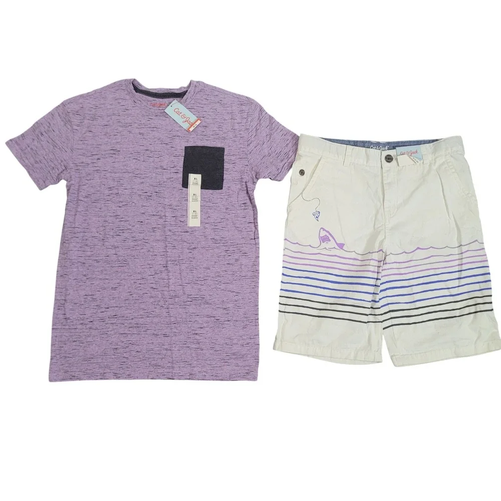 Cat & Jack Size 16 Short Set Boys Purple Space Dye Tee Shark Pizza White Shorts